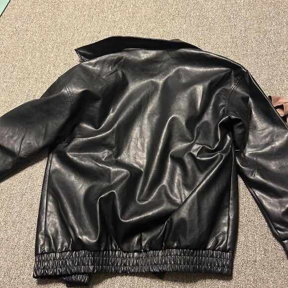 Women Black Faux Leather Oversized Motorcycle Bomber Jacket Coat - Picture 2 of 6
